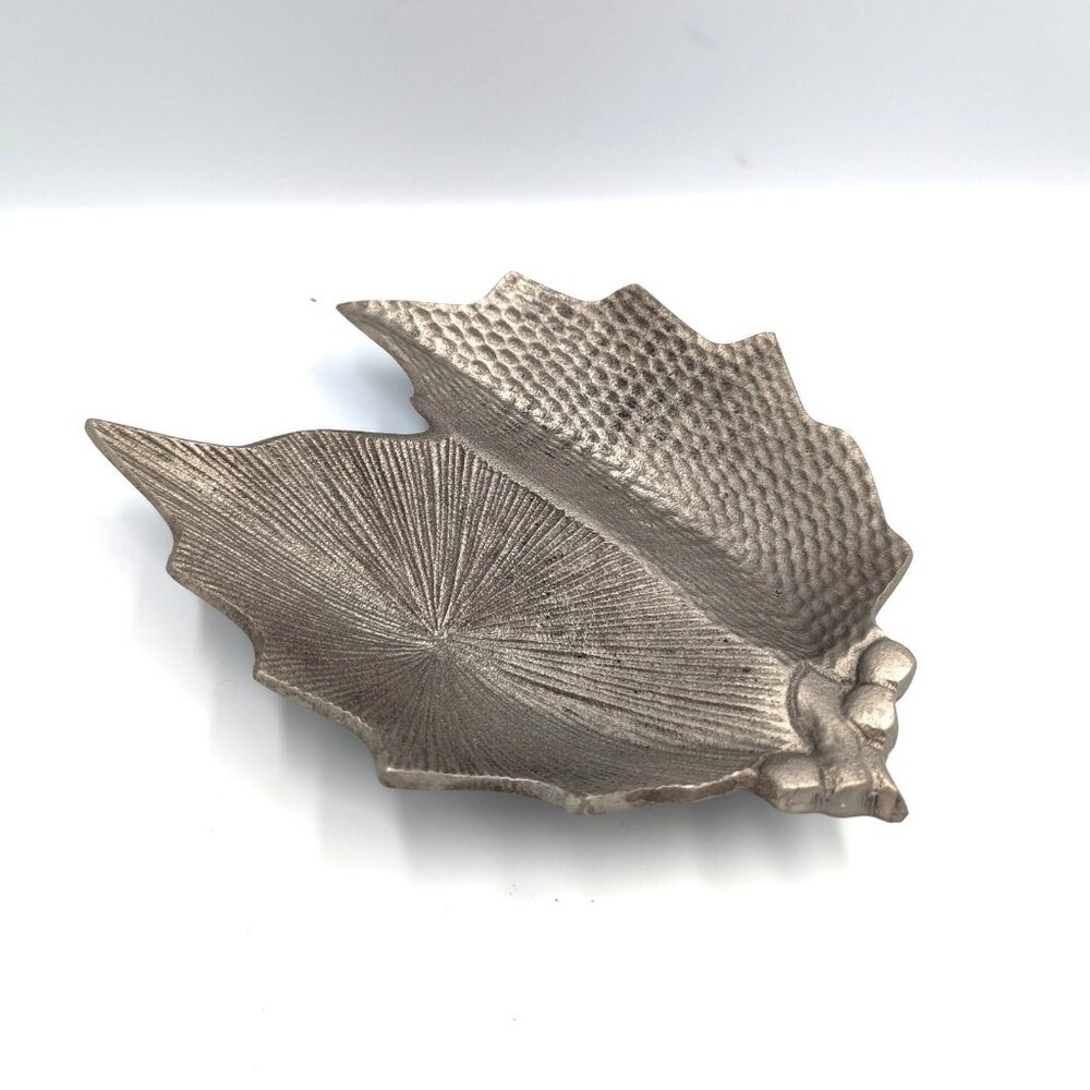 Vintage Cast Aluminum Metal Holly Leaf Dish Christmas Festive 1970s MCM Trinket